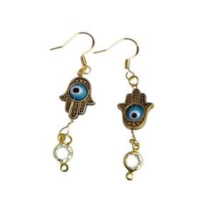 14k Gold Plated Hamsa Hand Blue Eye Drop Dangle Earrings Clear Faceted Beads